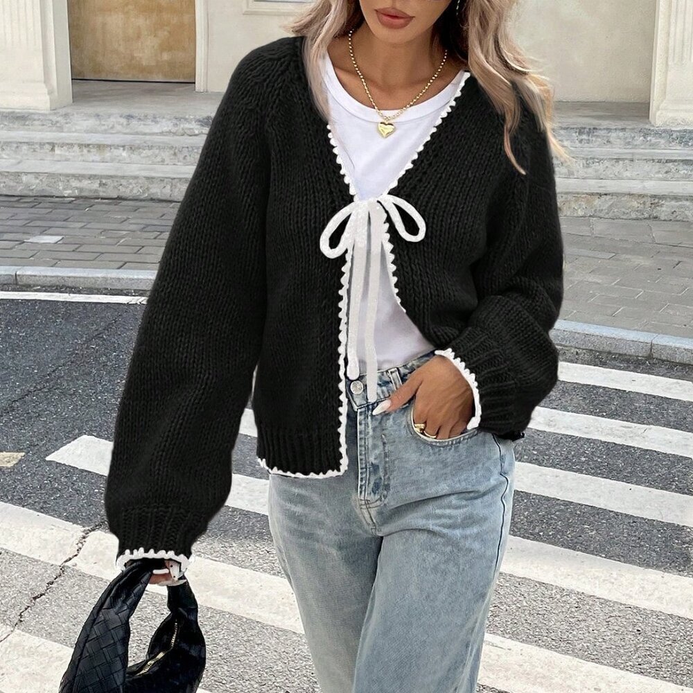 Black Casual Women's Color Block Drawstring Knitted Sweater Cardigan